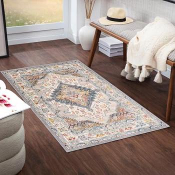 Tapis Vintage Oriental 80x150 cm Multicolore/Taupe à Poils Courts