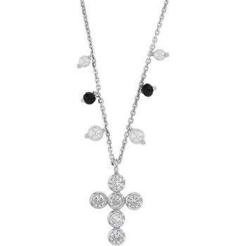 Collier Les Trésors De Lily R4956 Croce Gypsy Argento Bianco Nero Rhodii