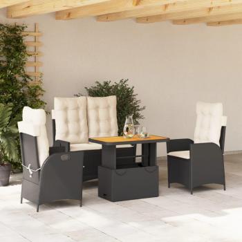 Set Tavola da Giardino Polyrattan Nero, 4 Veli e Cuscini