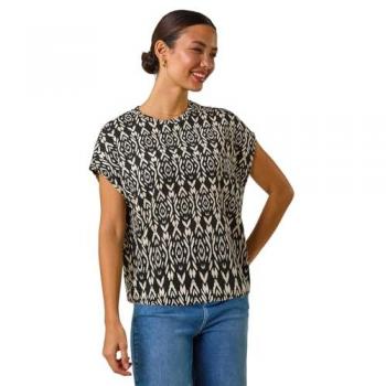 Women's Roman Geometric Ikat Bubble‑Hem Shirt – Black 18