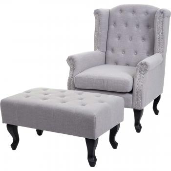 Fauteuil Chesterfield en Textile Gris avec Repose-Pieds