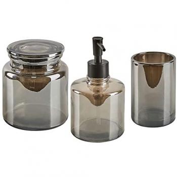Set di 3 Accessori da Bagno in Vetro Grigio Glamour: Dispenser per Sapone, Porta Spazzolini e Bicchiere
