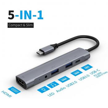 Adaptateur multiport USB C 5 en 1 Type C vers HDMI 4K, USB 3.0/2.0, Chargeur USB PD 60W, Jack 3.5mm pour Laptop