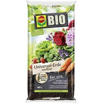 COMPO BIO Universal-Erde für Zimmerpflanzen, Gemüse, Obst und Kräuter, Torffrei, Kultursubstrat, 40 Liter, Braun