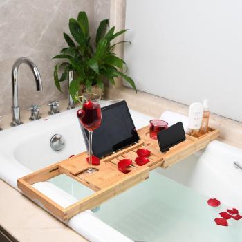 Bandeja de baño de bambú con soporte para vino y lectura