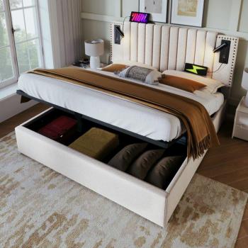 Lit capitonné beige 180x200 cm avec fonction USB