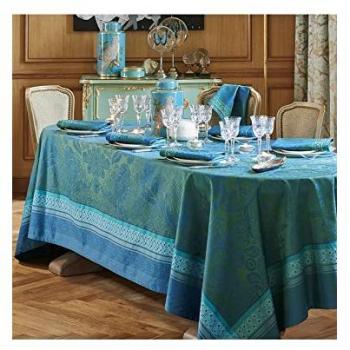 Nappe rectangulaire antitache déperlant en pur coton bleu émeraude 174x364 cm Garnier Thiebaut