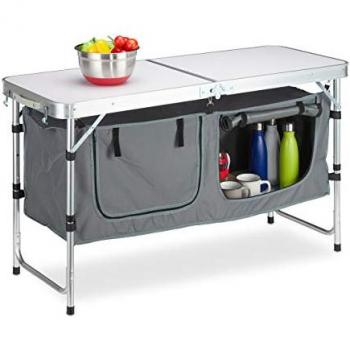 Tavolino da Campeggio Pieghevole, Regolabile in Altezza, con Scomparto, Alluminio e MDF, 120x47, Argento/Bianco