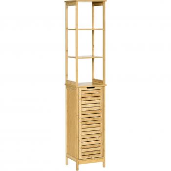 Kleankin Bathroom Floor Cabinet with 3 Shelves and Cupboard, Slim and Freestanding Organiser, Tallboy with Storage, Natural