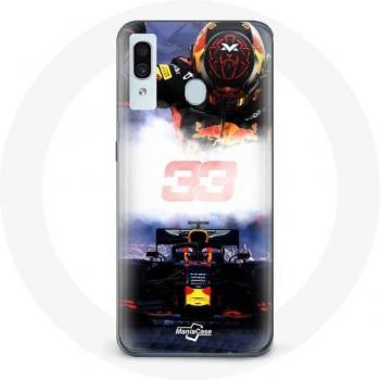 Coque Samsung Galaxy A20 Max Verstappen Pilote de F1 Noir Rouge Jaune