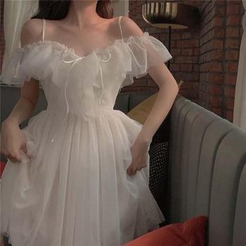 Robe rétro française midi, blanc doux, nœud papillon, maille