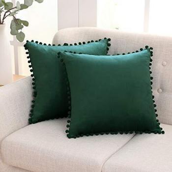 Deconovo Sofa Pillow Cases 60cm x 60cm, Crushed Velvet Finish, Pom Poms, Hidden Zipper Closure, Forest Green