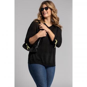 Plus Size Dazzling Tie Sleeve V-Neck Sweater for Women, Black, Size 16/18, Viscose/Metallic Fibers