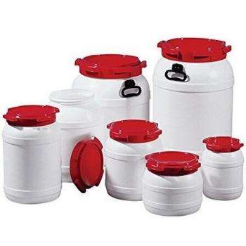 Bidón de Cuello Ancho 26 L en Blanco, Tapa Roja con Asas – Diámetro Llenado 204 mm