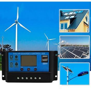 Controlador de batería solar 30A, 12/24V, pantalla dual y puertos USB