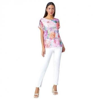 Floral Print T-Shirt with Mesh Overlay
