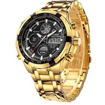 GOLDEN HOUR Montre Luxe Acier Inoxydable Analogique Numérique Homme Sport Étanche Bracelet Gros (Or Noir)