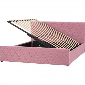 Pink Velvet Upholstered Storage Bed with Slatted Base and Diamond-Tufted Headboard, EU King Size 5ft3