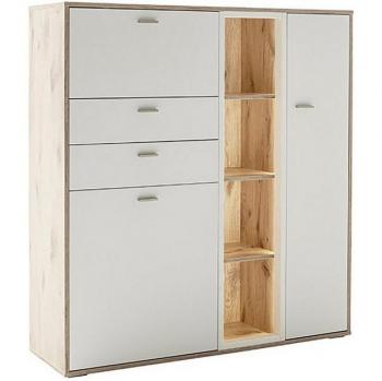 SANTERNO Möbelhochschrank – 124 cm, 2 Türen, 2 Schubladen, 4 Fächer, 1 Klappe (Soft White)