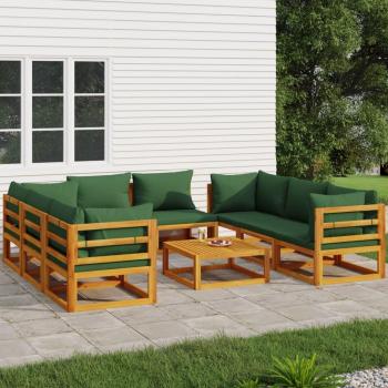 Set Salotto da Giardino 9pz in Legno Massello con Cuscini Verdi