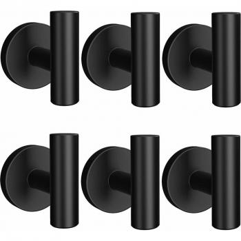 6PCS Matte Black Robe Hooks Heavy Duty Door Hanger Towel Robe Clothes Cabinet Closet Sponges Hook For Bathroom