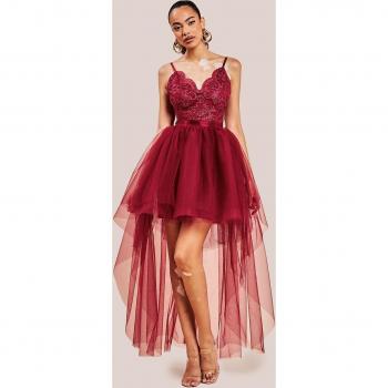 Goddiva Wine High Low Tulle Dress with Lace Bodice