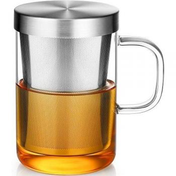 EcoEo Teebecher 500 ml – Volle Kapazität, Glas mit silbernem Edelstahl‑Sieb & Deckel