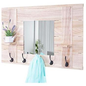 Garderobe murale HWC‑C89 avec miroir, planche vestiaire, vintage, 5 crochets 90x60 cm brun naturel