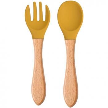 Baby Feeding Spoon and Fork Set with Silicone Tips and Wooden Handle