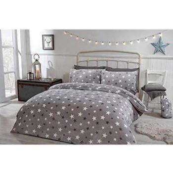Sleepdown Bold Stars Flannel Fleece Grey Reversible Duvet Cover Set