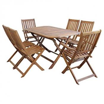 Set Tavolo Giardino Rettangolare Fisso 150x80 con 4 Sedie e 2 Poltrone in Legno di Acacia Massiccio per Esterno