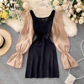 Autumn Puff Sleeve Patchwork Knit Dress for Women
