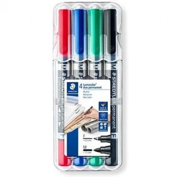 Staedtler Lumocolor duo 348 WP4 Permanentmarker, 4 Stück in aufstellbarer Staedtler-Box, Rot