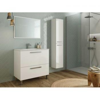 Mobile bagno a terra 80 cm bianco lucido con specchio, doppia colonna e LED – Leeds