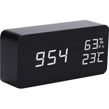 Digital LED Alarm Clock in Wood Finish, 3 Brightness Levels, Voice Activation, Temp & Humidity