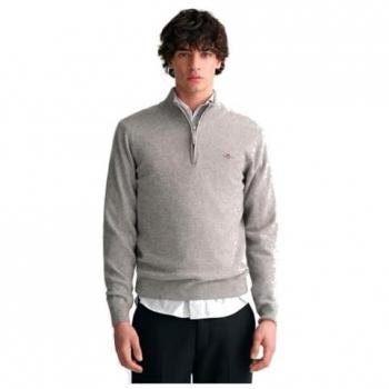 Jersey Gant de lana de cordero superfina con media cremallera gris para hombre
