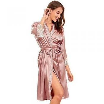 SHEKNI Kimono Satin Femme Robe de Chambre Dentelle