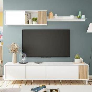 Composición De Salón Ethna Mueble Bajo Tv + Módulo Superior Blanco Artik/Natural