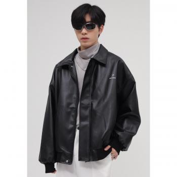 Chaqueta de cuero de imitación negra para hombre, diseño amplio, con bolsillos, primavera 2022