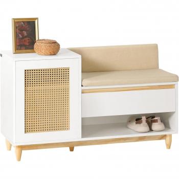 Banco de rangement à chaussures avec 2 étagères, 1 tiroir et 1 porte, coussin rembourré, dimensions 100 x 35 x 60 cm