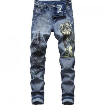 Sokotoo Men's Stretch Denim Pants with Wolf Print