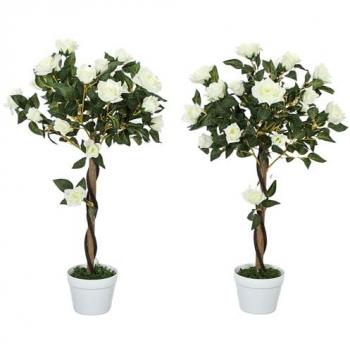 Set of Two 90cm Faux Rose Trees, White Decorative Plants