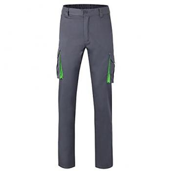 Pantalón de Trabajo Velilla 103024S Stretch Bicolor Slim Fit Elástico Doble Costura Seguridad Multibolsillos Gris/Verde Lima Talla 54