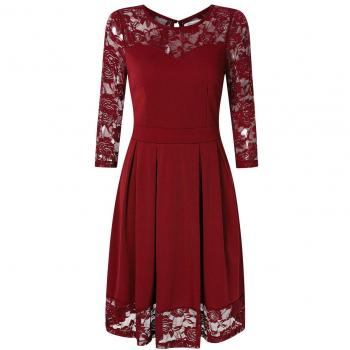 KoJooin Damen Elegantes Spitzenrockabilly-Kleid in Rot, Länge knielang, XL