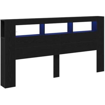 Black Oak Bed Frame Headboard, LED Lighted, Storage Compartment 200x18.5x103.5 cm