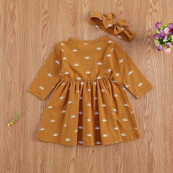 Girl's Long Sleeve Casual Dress Set with Sun Print and Headband