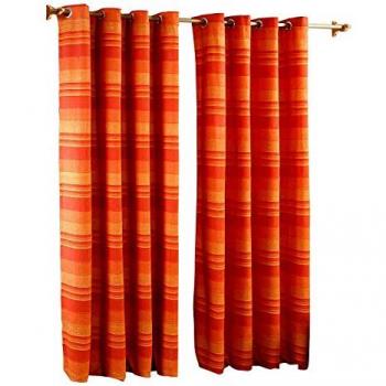 HOMESCAPES Terracotta Eyelet Curtain Pair 167cm (66) Wide x 228cm (90) Drop Morocco Stripe Design Ring Top Curtain Pair