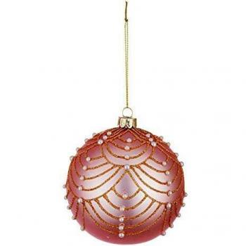 Palline Natalizie in Vetro Rosa con Perle Bianche e Oro (Bizzotto, diametro 100 mm, addobbi per albero di Natale)