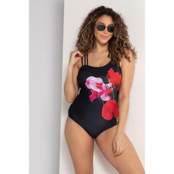 Ulla Popken Plus Size Floral Triple Strap Front Lined Swimsuit, Women, Black, Size: 34, Synthetic Fibers/Spandex