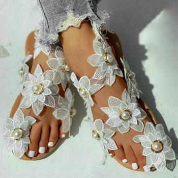 Zapatos de Playa para Mujer con Diseño Floral y Anillo en el Dedo